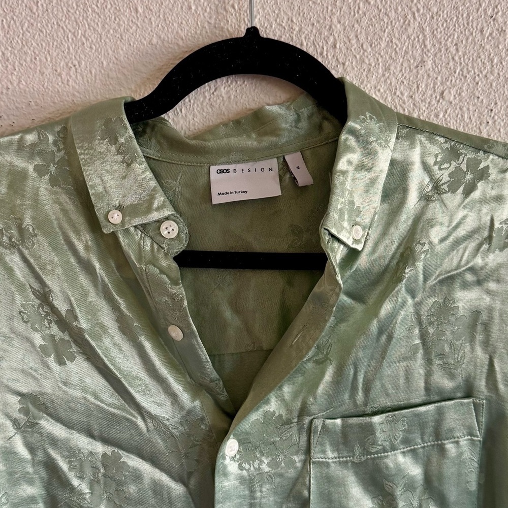 ASOS DESIGN button down shirt in mint green | satin jacquard | M | NEW - Picture 3 of 8
